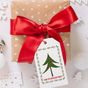 Retro Vintage Christmas Tree & Wreath Family Name Gift Tags
