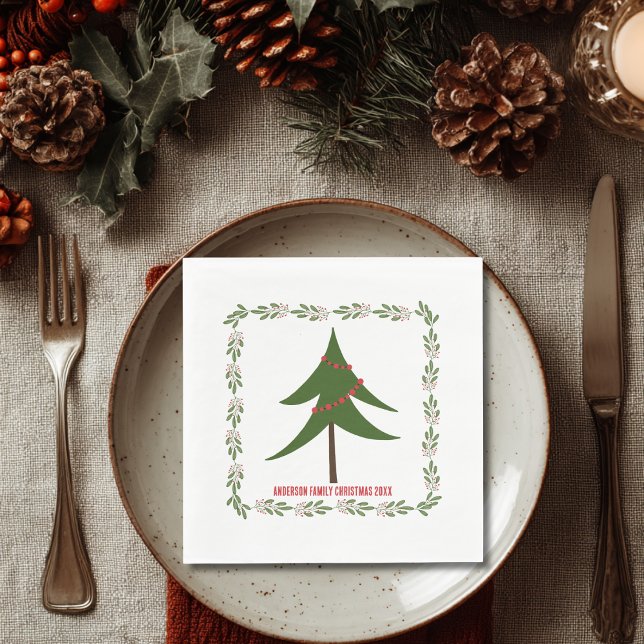 Retro Vintage Christmas Tree & Wreath Family Name Napkin (Creator Uploaded)