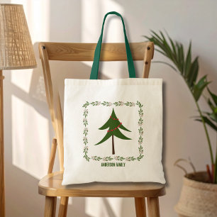 Retro Vintage Christmas Tree Wreath Family Name Tote Bag