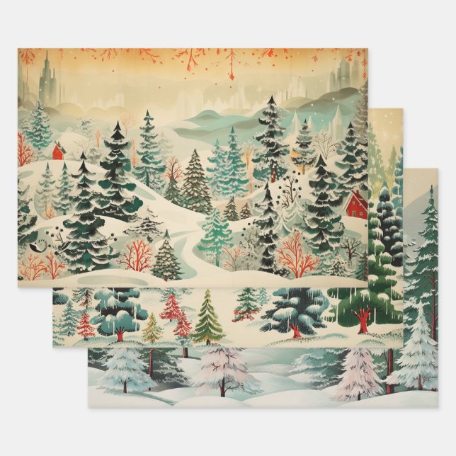 Retro Vintage Christmas Trio Style J Wrapping Paper Sheet (Set)