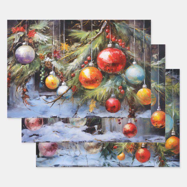 Retro Vintage Christmas Trio Style P Wrapping Paper Sheet (Set)