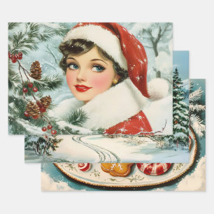Retro Vintage Christmas Trio Style U Wrapping Paper Sheet