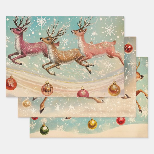 Retro Vintage Christmas Trio Style W Wrapping Pape Paper Sheet (Set)