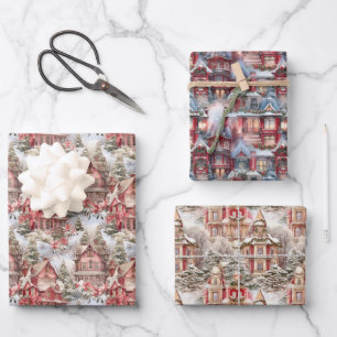 Retro Vintage Christmas Village Holiday Gift Wrapping Paper Sheet