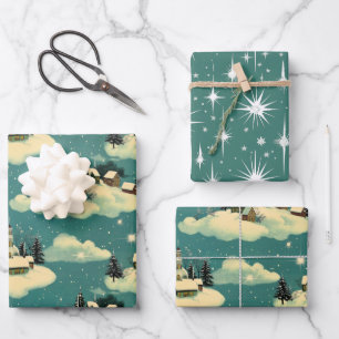 Retro Vintage Christmas:  Whimsical Winter Scene  Wrapping Paper Sheet