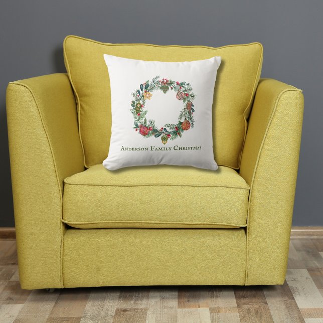 Retro Vintage Christmas Wreath Family Name Custom  Cushion (Creator Uploaded)