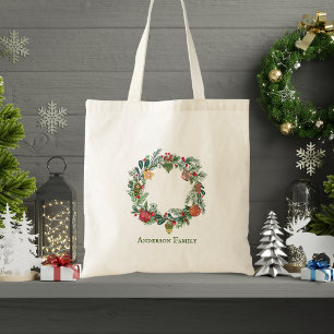 Retro Vintage Christmas Wreath & Ornaments Custom Tote Bag
