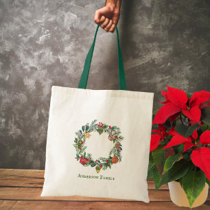 Retro Vintage Christmas Wreath & Ornaments Custom Tote Bag