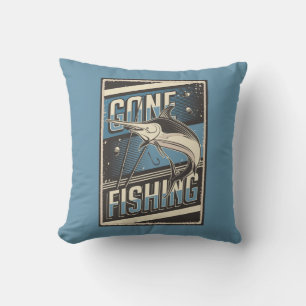 Retro Vintage Classic Grunge Blue Gone Fishing Cushion