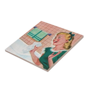 retro vintage cleaning bathroom lady ceramic tile