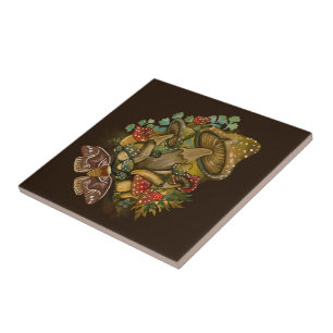 Retro Vintage colours Mushroom & Moth Art Ceramic Tile