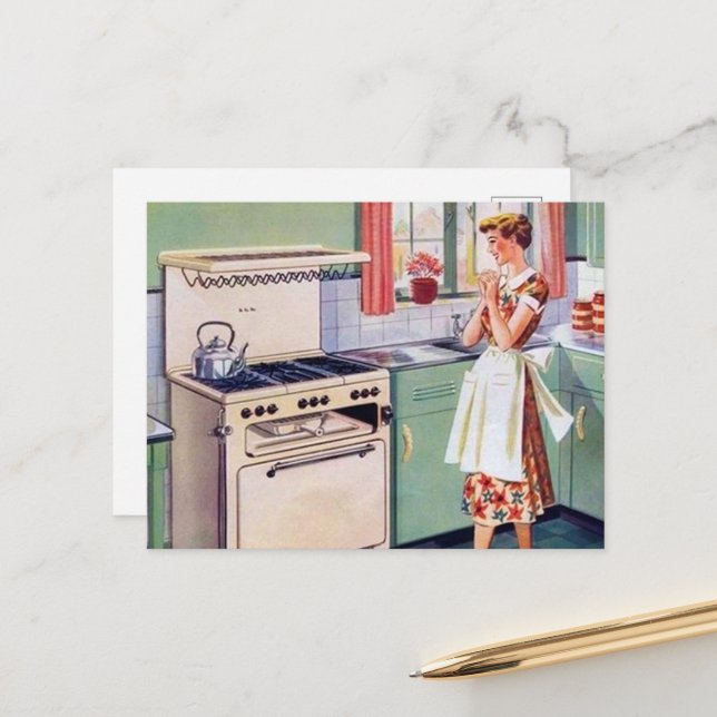 retro vintage cooking kitchen lady  postcard (Front/Back In Situ)