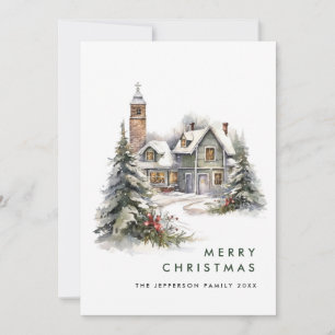 Retro Vintage Country House Christmas Tree Holiday Card