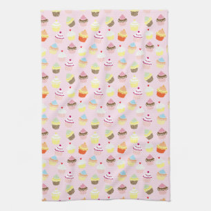 Retro Vintage Cupcakes on Pink Sweet Desserts Tea Towel