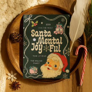 Retro Vintage Cute Santa Christmas Green Ribbon Holiday Card
