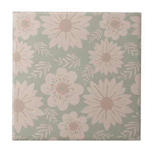Retro Vintage Dusty Blue Pink Floral Ceramic Tile