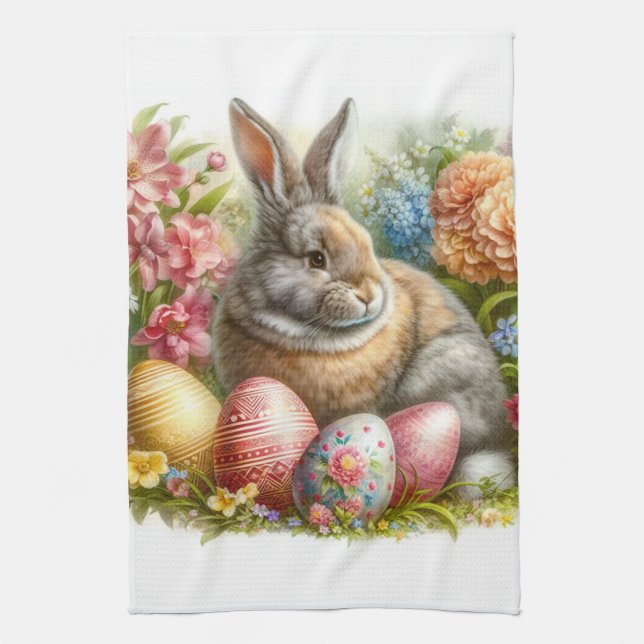 Retro Vintage Easter Bunny Floral Kitchen Towels (Vertical)
