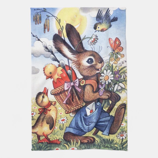 retro vintage Easter bunny Holiday Tea Towel (Vertical)
