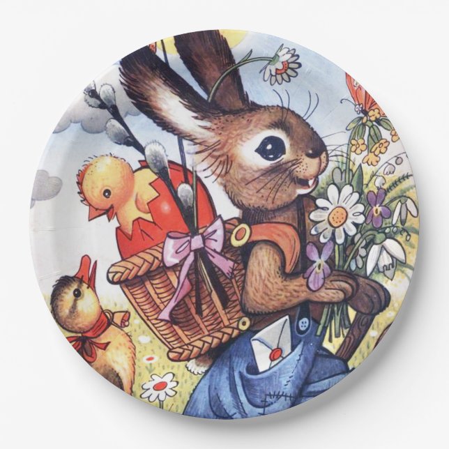 Retro vintage Easter bunny party Paper Plate (Front)