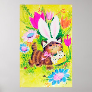 retro vintage Easter cat decor poster