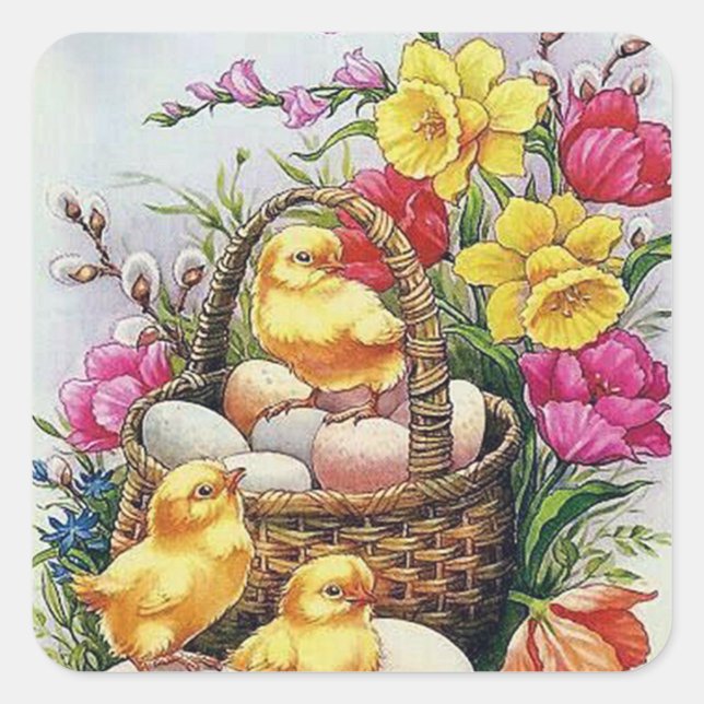 Retro vintage Easter chicks basket sticker (Front)
