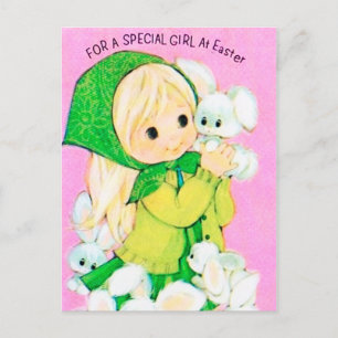 Retro vintage Easter girl bunnies Holiday postcard