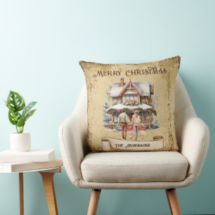 Retro Vintage Family New House Merry Christmas Cushion