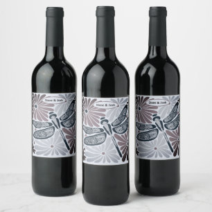 Retro Vintage Floral Dragonfly Wine Label