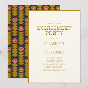 Retro Vintage Floral Navy Mustard Engagement Party Invitation