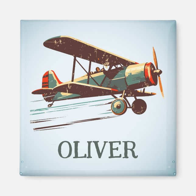 Retro Vintage Flying Biplane Personalised Magnet (Front)