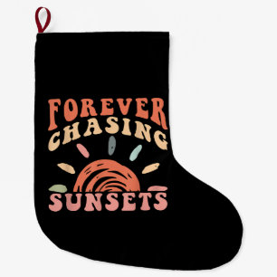 Retro Vintage Forever Chasing Sunsets Summer Vacat Large Christmas Stocking