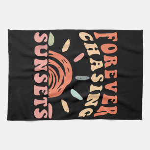 Retro Vintage Forever Chasing Sunsets Summer Vacat Tea Towel