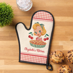 Retro Vintage Gingham Red Cherry Pie Oven Mitt