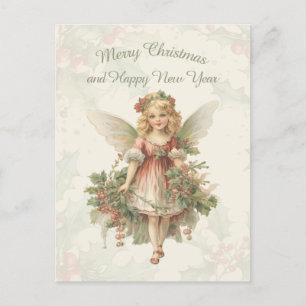 Retro Vintage Girl Angel Christmas Holly Postcard