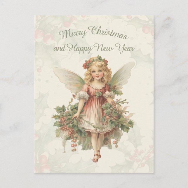 Retro Vintage Girl Angel Christmas Holly Postcard (Front)