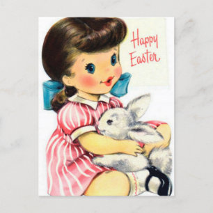 Retro vintage girl Easter bunny postcard