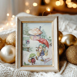 Retro Vintage Gnome & Ladybug Christmas Greeting  Postcard