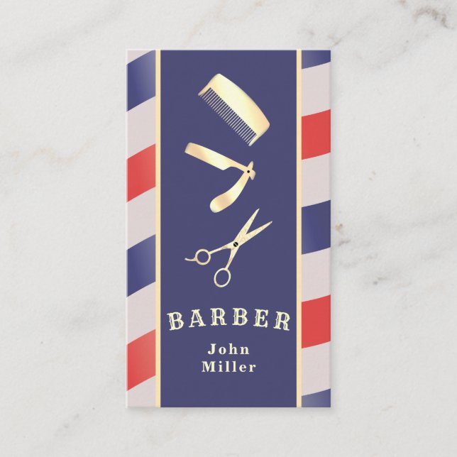 Retro Vintage Gold Barber Tools Red Blue White Business Card (Front)