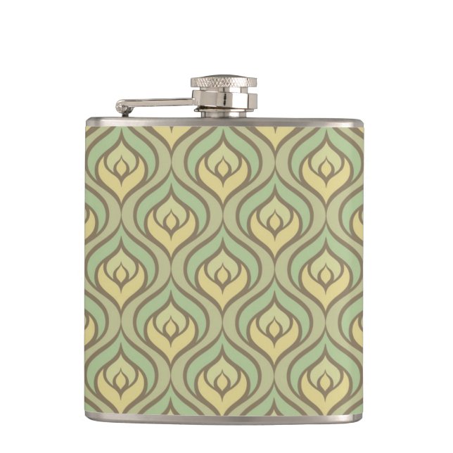 Retro vintage green and yellow pattern hip flask (Front)