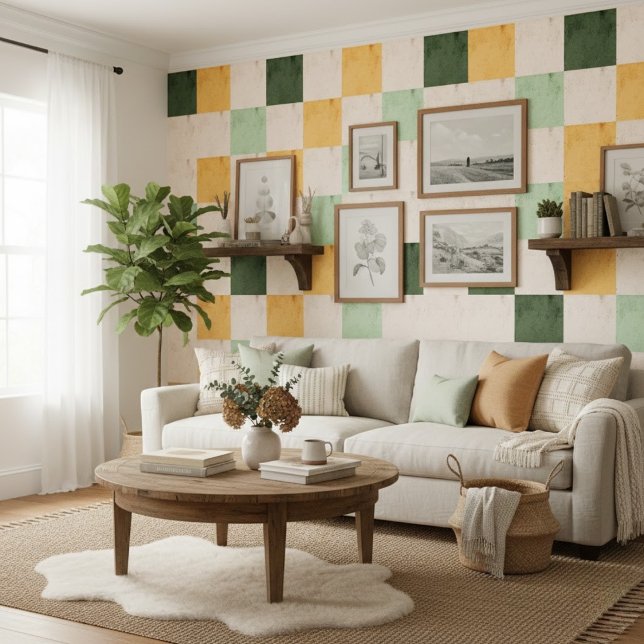 Retro Vintage Green & Mustard Checkerboard Wallpaper (Creator Uploaded)