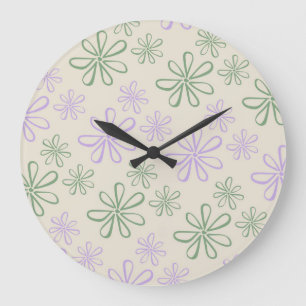 Retro Vintage Green Purple Small Flower Pattern Large Clock