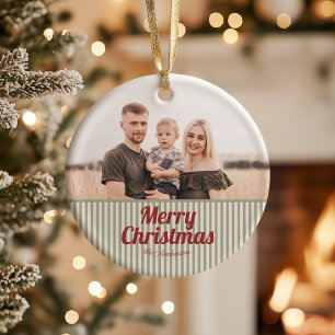 Retro Vintage Green Stripes Red Merry Christmas Ceramic Ornament
