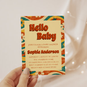 Retro Vintage Groovy Floral Hello Baby Shower Invitation