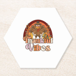 Retro Vintage Groovy Thankful Vibes Turkey Fall Th Paper Coaster