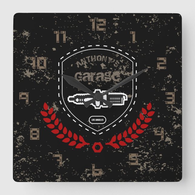 Retro Vintage Grunge Garage Square Wall Clock (Front)