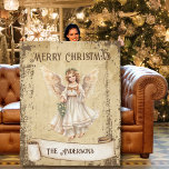 Retro Vintage Guardian Angel  Merry Christmas Fleece Blanket<br><div class="desc">Beautiful retro vintage illustration of a guardian angel on a retro grunge background and frame for an aged or vintage look. Design features a vintage scroll ribbon for your personalisation of this elegant,  and cosy Holiday blanket.</div>