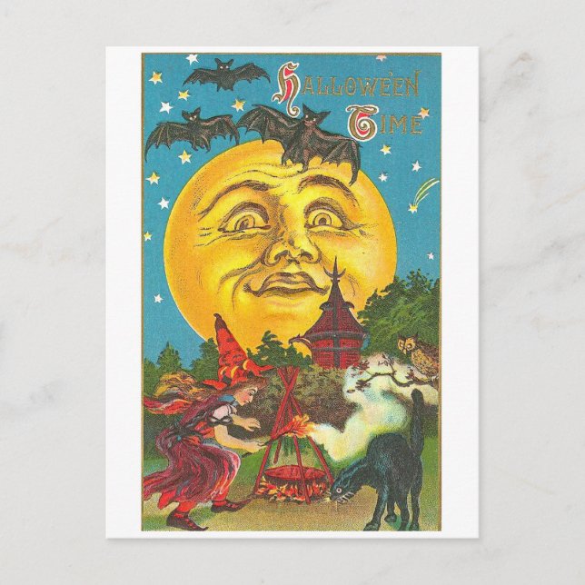 Retro Vintage Halloween Big Moon Halloween Postcard (Front)