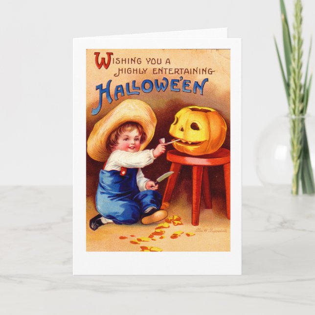 Retro Vintage Halloween Boy Carvier Card (Front)