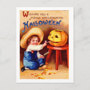 Retro Vintage Halloween Boy Carvier Postcard