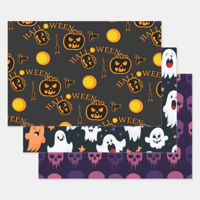 Retro Vintage Halloween Pattern Pumpkin  Wrapping Paper Sheet (Set)